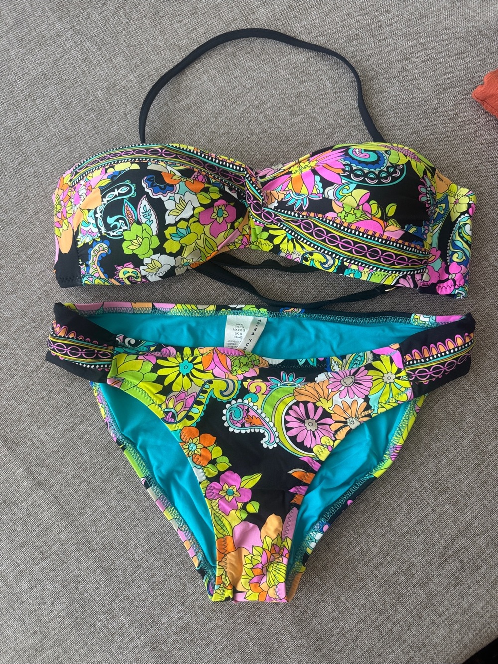 Trina Turk Black Bandeau Bikini with Neon Floral Print